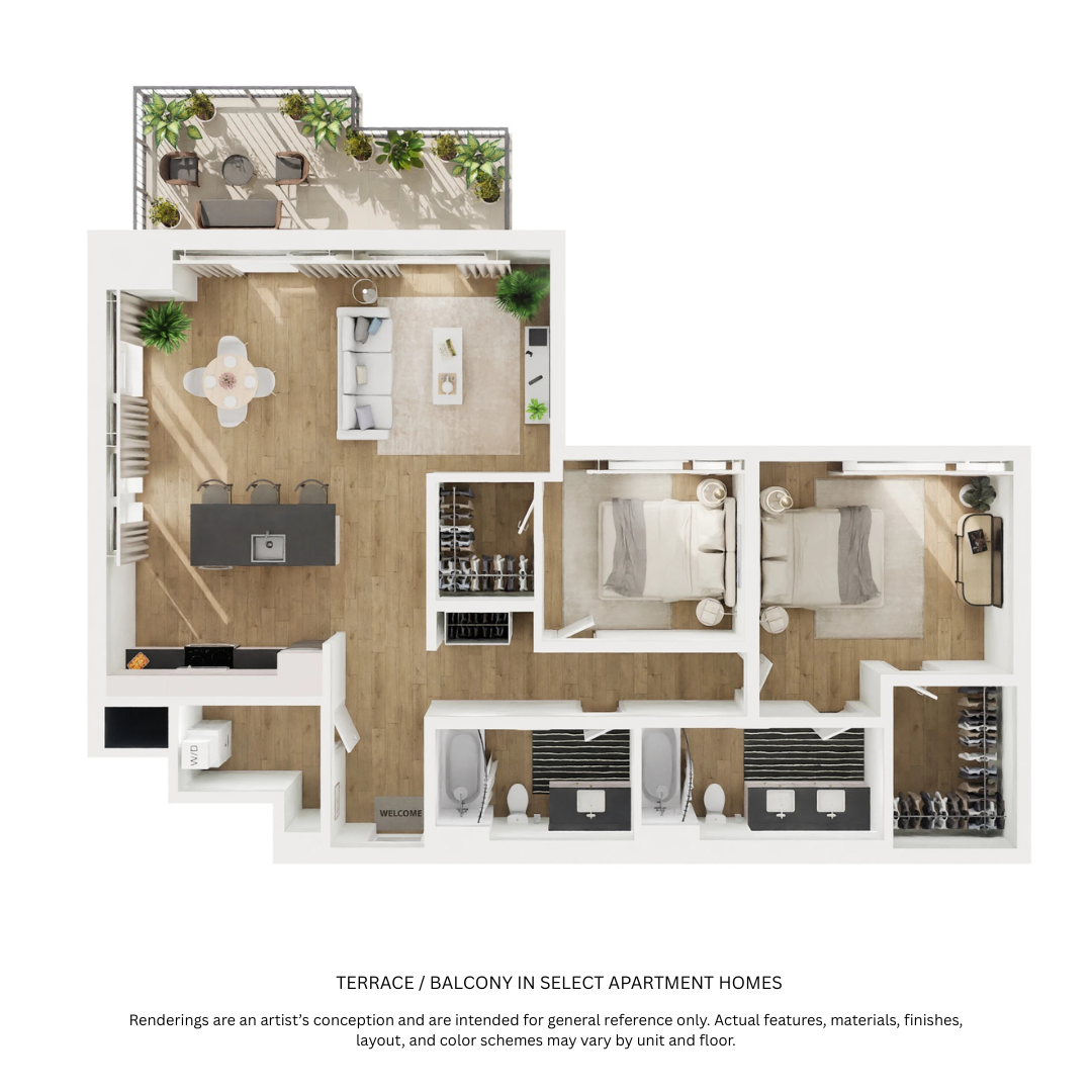 Floor plan for 2 beds, 2 baths, 1250 sqft